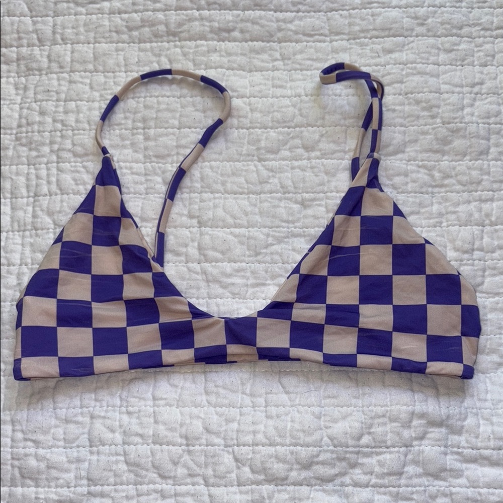 Checkered Blue and Tan Bikini Top